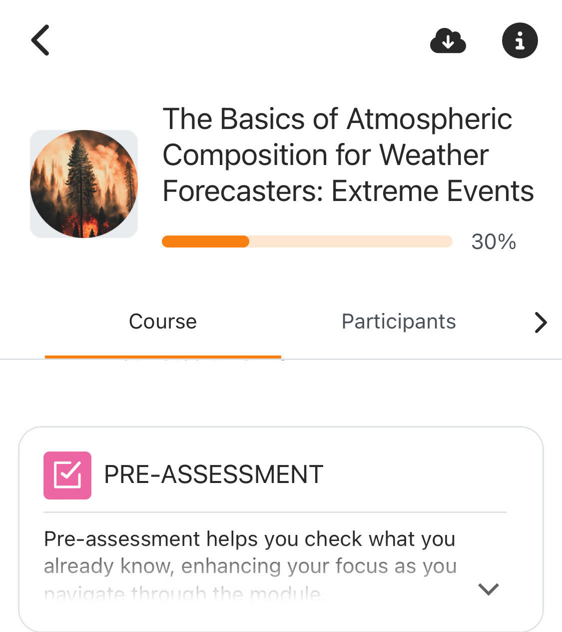 course front page view on the Moodle app.