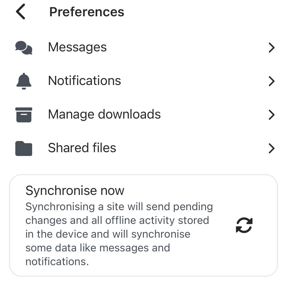 Synchronise now option under Preferences in Profile on the Moodle app.